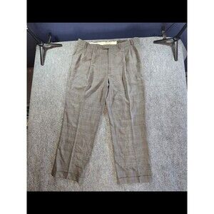 Oscar de la Renta Mens Wool Plaid Dress Pants 41x30 Gray Pleated Trousers